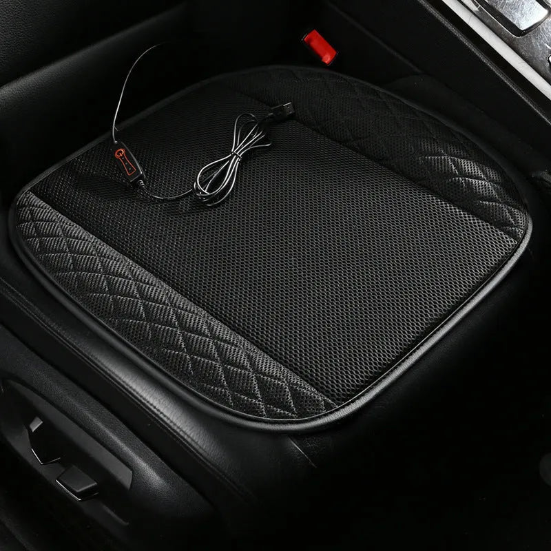 Black USB-powered ventilated car seat cushion with cooling fans, shown on a car seat.
