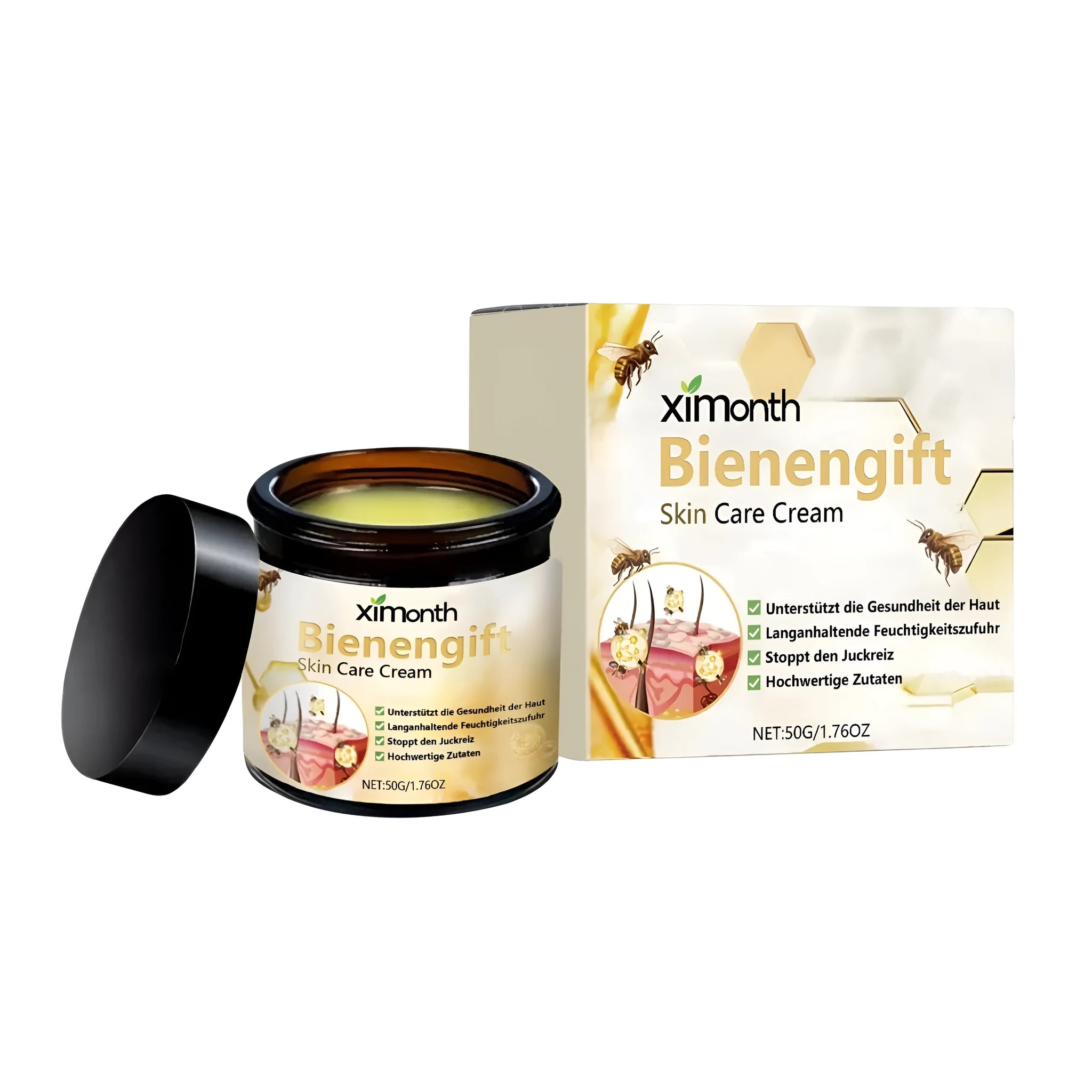 50g jar of botanical skin care cream with mint, bee venom and tea tree oil.