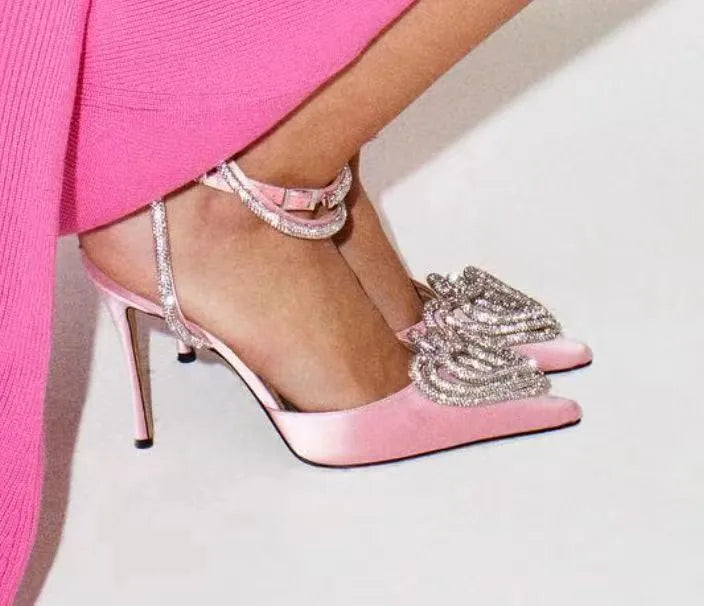 Women's satin pointed toe rhinestone sandals with 9.5cm heel and cross belt fastening in pink, black, and white