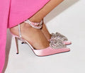 Women's satin pointed toe rhinestone sandals with 9.5cm heel and cross belt fastening in pink, black, and white