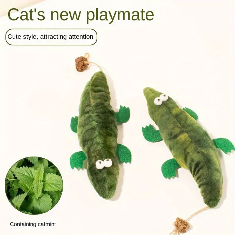 Green plush alligator catnip toy measuring 35 cm long with plant-based construction