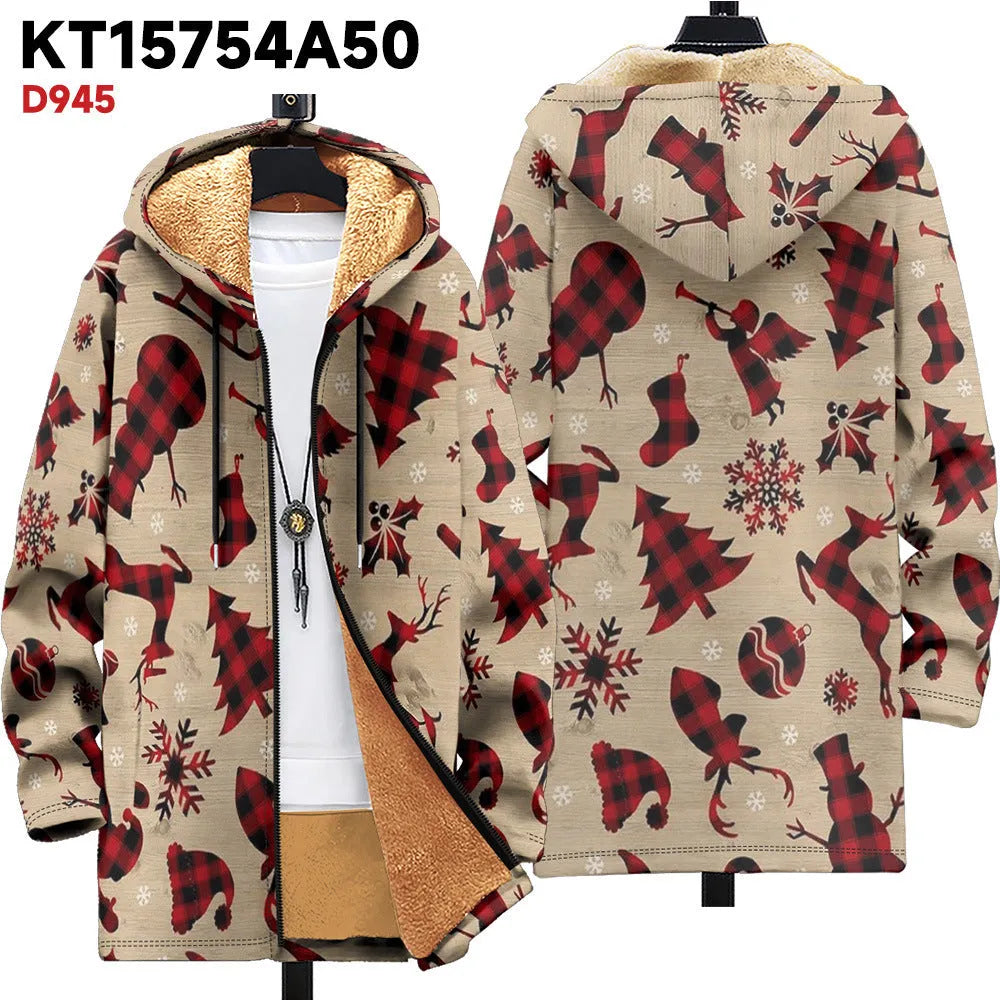 Man wearing a multicolour digitally printed hooded cardigan with a zipper front in a loose fit.