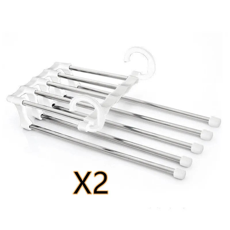 Black stainless steel five-boom trouser hanger showing level and vertical hanging options.