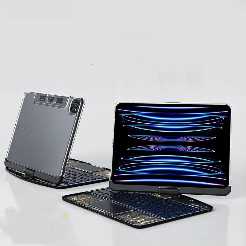 Transparent Bluetooth keyboard case for iPad Pro showing iPad visible through clear back.