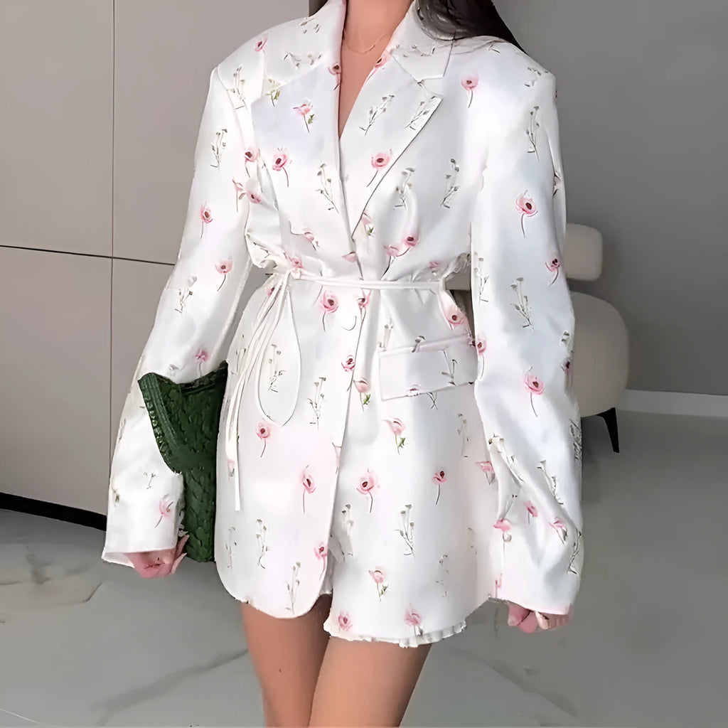 Women's collar lace-up waist-tight suit jacket in polyester available in four colours including floral print