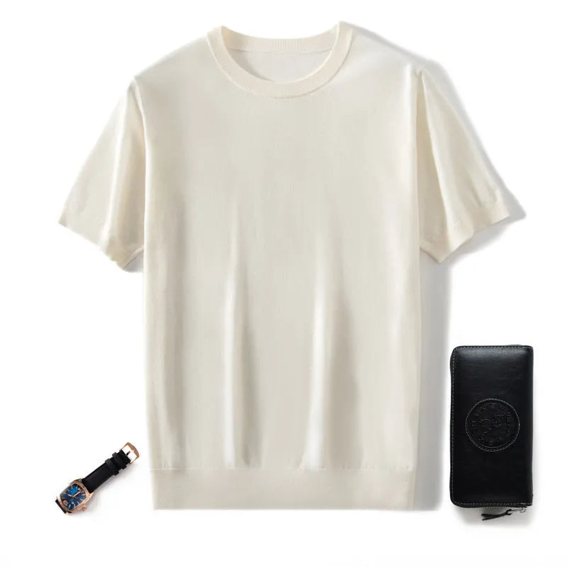 Men's loose-fit knitted casual short sleeve shirt in a choice of eight colours including black, blue, and grey.