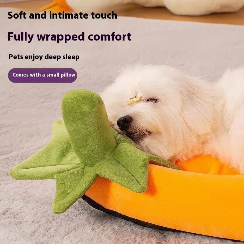 Washable dog mat pet bed in purple colour, shown in a home setting next to a small dog.