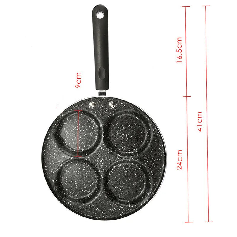 Non-stick egg dumpling frying pan in black aluminium with two holes for cooking breakfast burgers