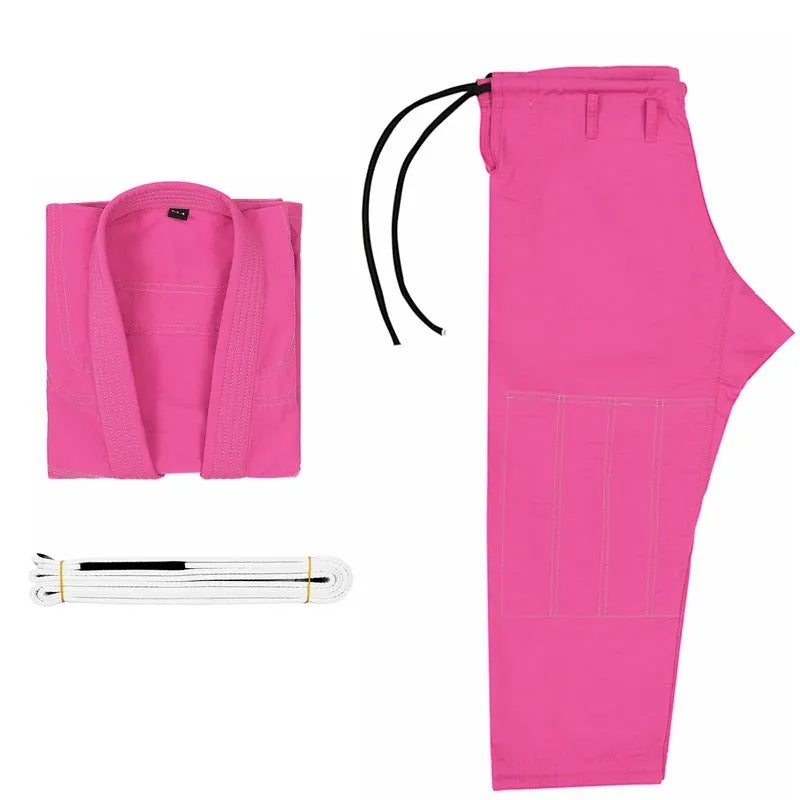 Brazilian Jiu-Jitsu gi uniform top and trousers in cotton blend fabric on a white background.