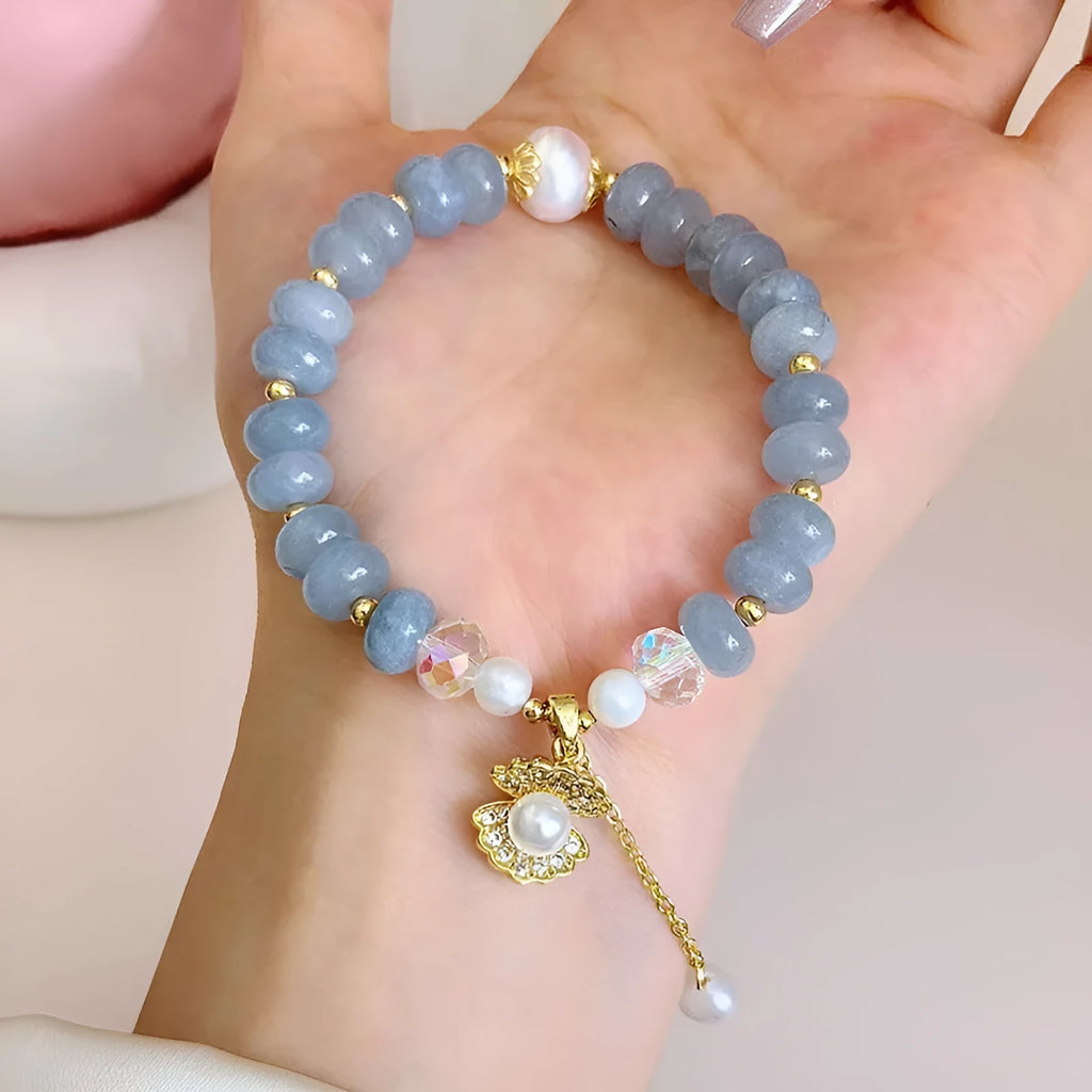 Natural aquamarine pearl and shell healing bracelet with adjustable closure