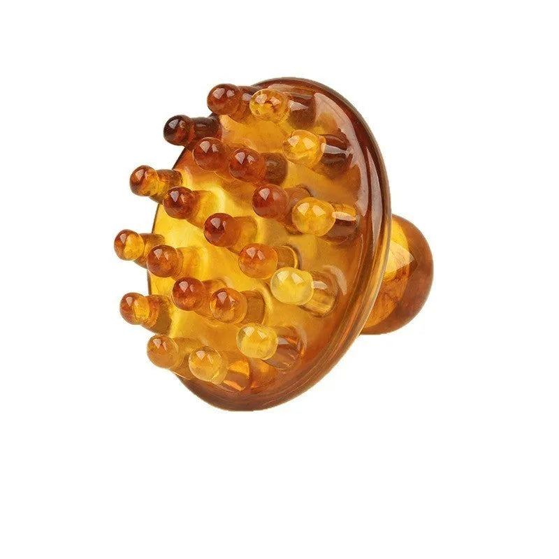 A disc-shaped meridian massage comb with 21 teeth, shown in coffee brown and yellow colour options.
