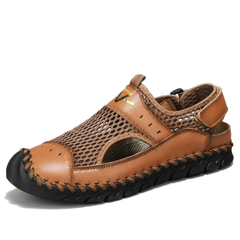 Men's brown leather mesh hollow shoes with round toe and elastic band, showing sewing line details