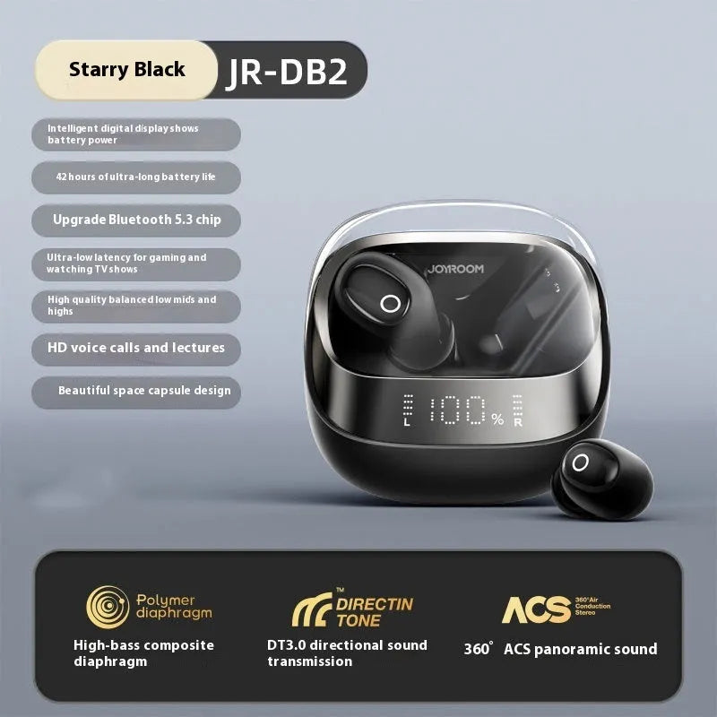 Wireless in-ear Bluetooth headset with charging case in beige, black, or purple colours
