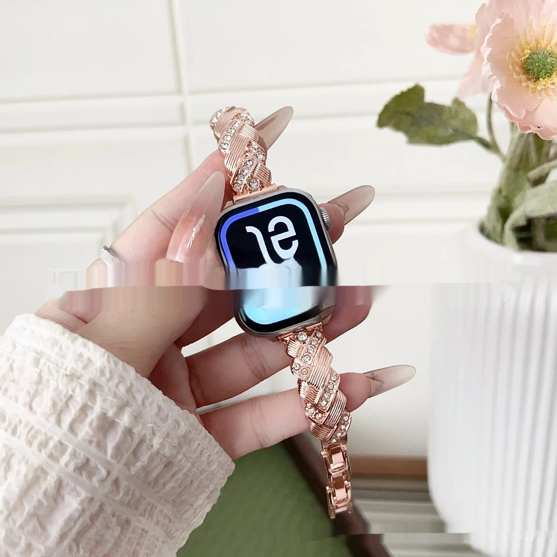 Diamond twist design metal watch strap for Apple Watch in silver, rose gold, gold, black, and starlight colour options