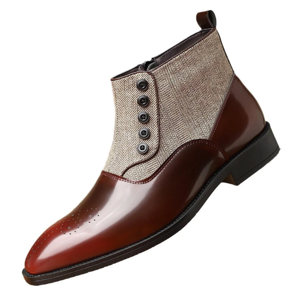 Men's brown retro formal business shoe with side zip, square toe, and low square heel on a rubber sole.