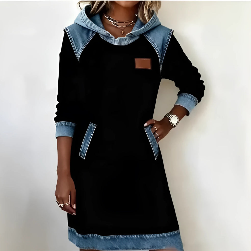 Denim colour matching ladies hoodie skirt with contrast stitching and raglan sleeves in white colour option