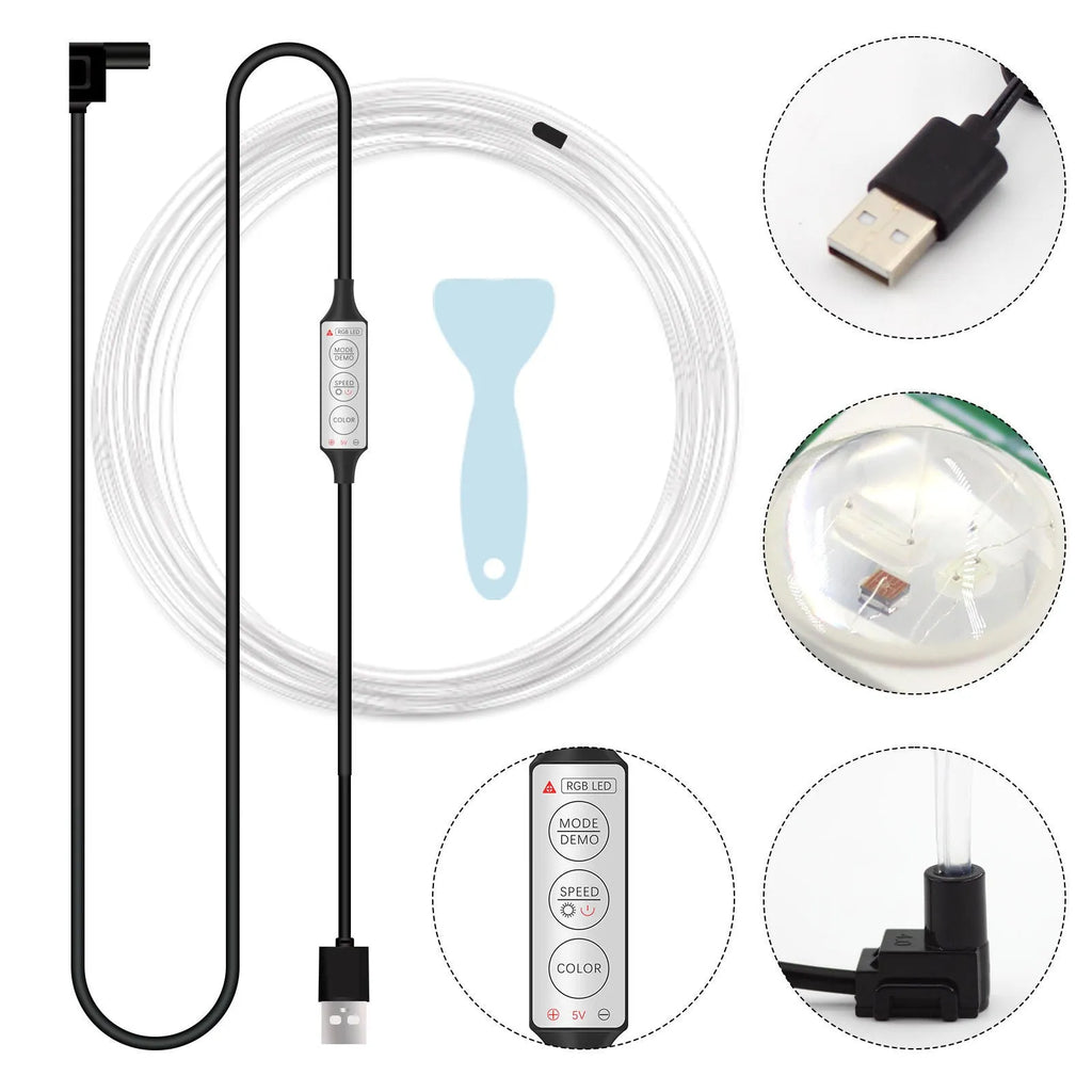Car interior USB RGB LED light strip kit with wireless remote control showing colour options