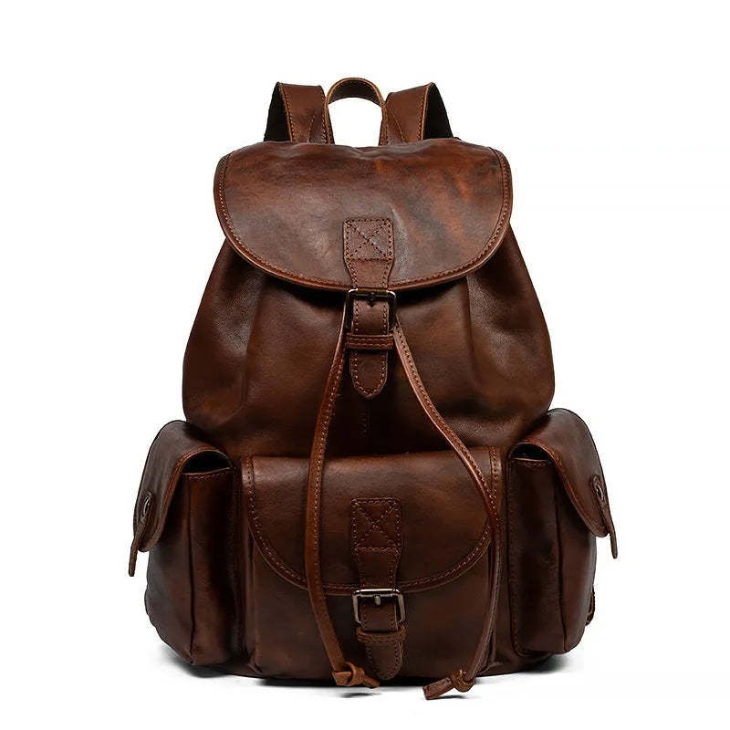 Genuine leather retro backpack for men, top grain leather, ergonomic back panel, 15 inch laptop capacity, light brown colour
