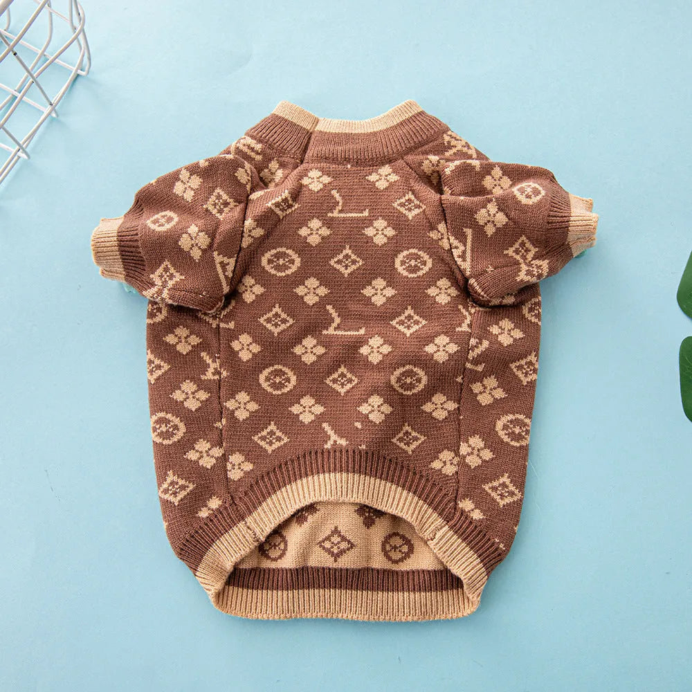 A dog wearing a thick wool knit sweater in a European style, available in sizes from XS to XXL.