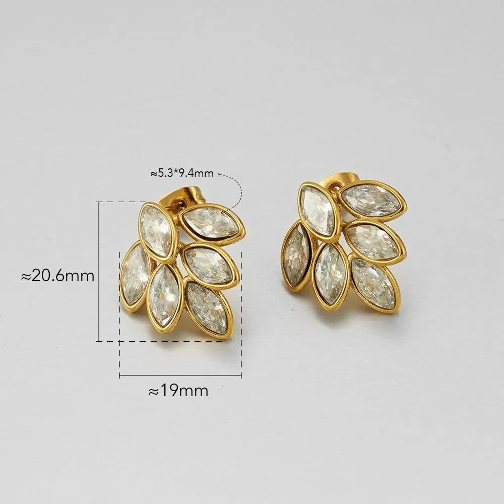 Gold clip-on earrings with full diamond dripping oil 6-leaf design in titanium steel electroplate