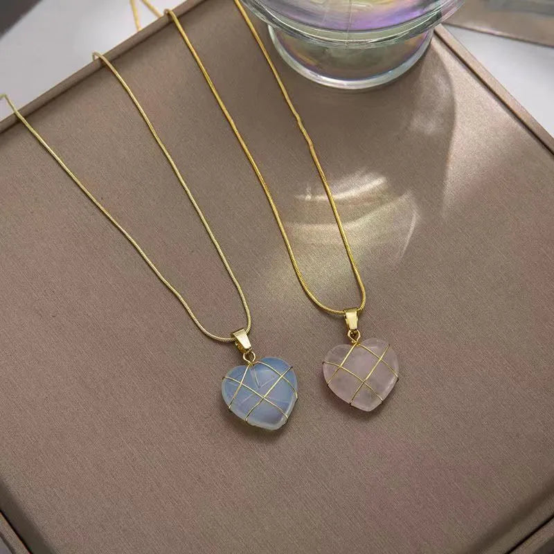 Fashion moonstone heart necklace with electroplated gold finish, adjustable chain, Barbie opal colour