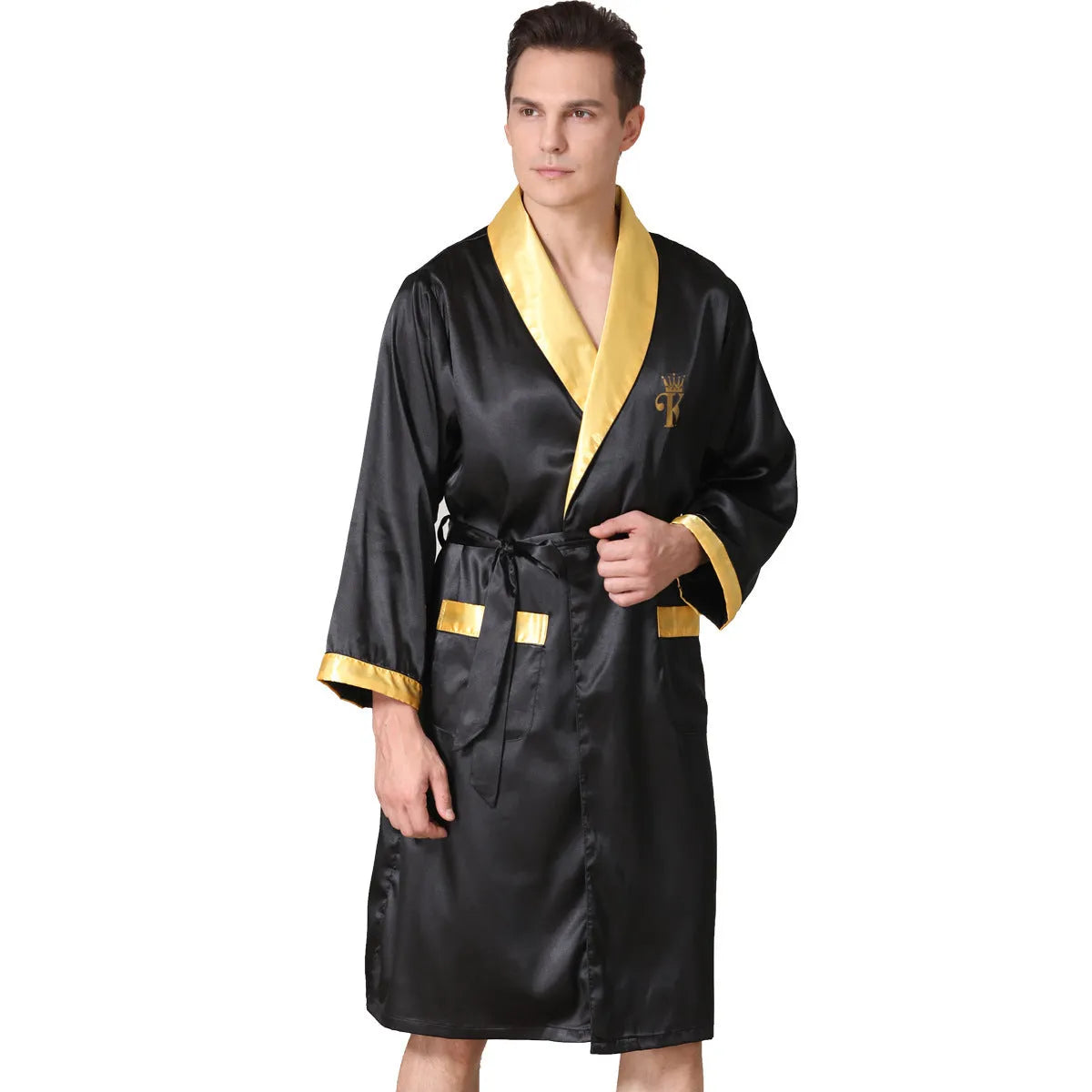Men's rayon summer bathrobe in black with yellow collar, polyester fibre blend, available in sizes S to XXL