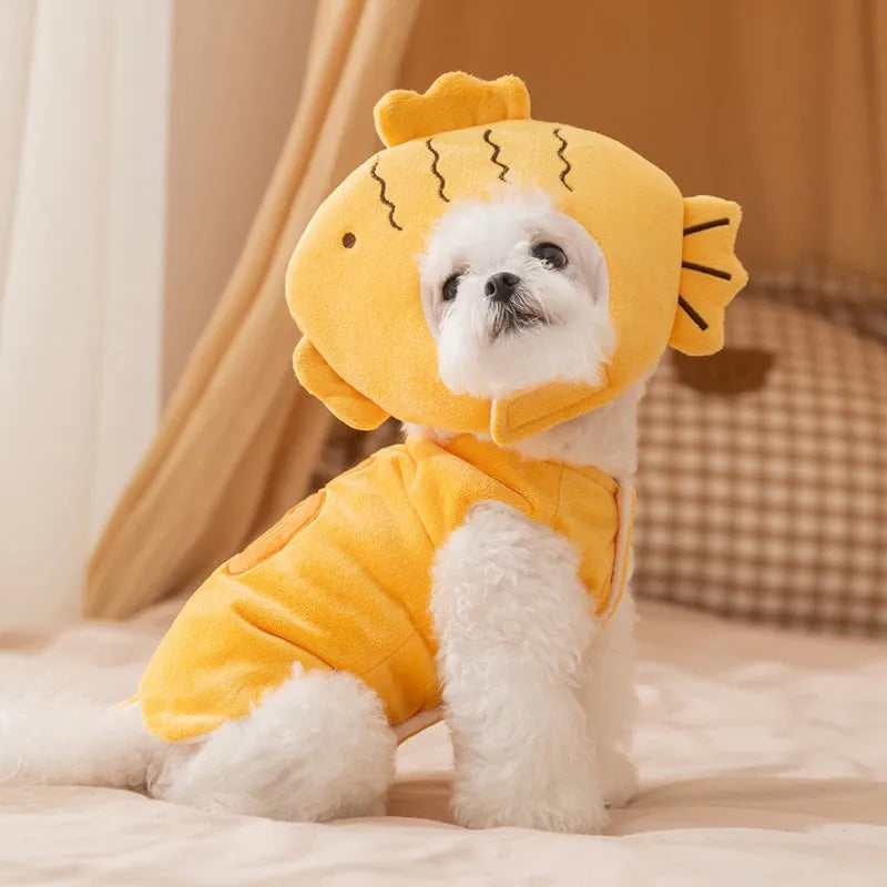 Yellow onsen fish pet costume with fish-shaped hat and vest on a dog with leash ring