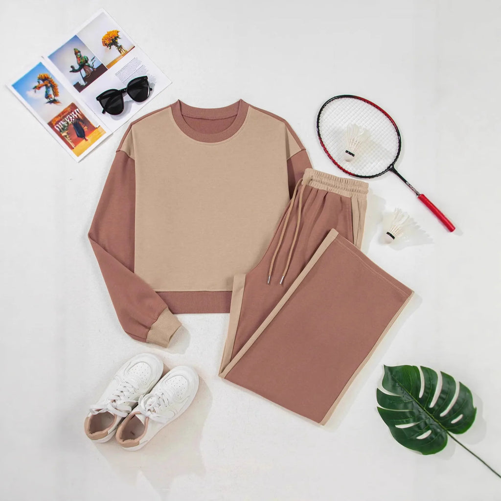 Women's camel cotton tracksuit set with matching top and trousers