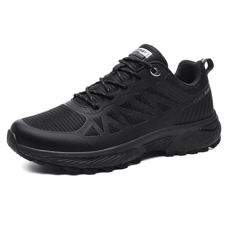 Men's black mesh outdoor running shoes with a rubber sole, shown in a plus size.