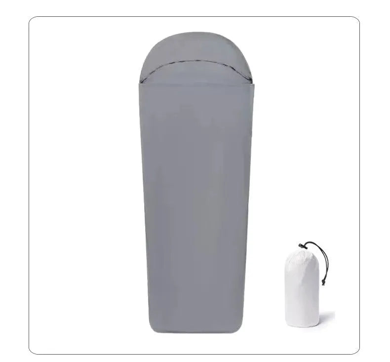 Blue mummy-style camping sleeping bag made from nylon fabric with compressed dimensions