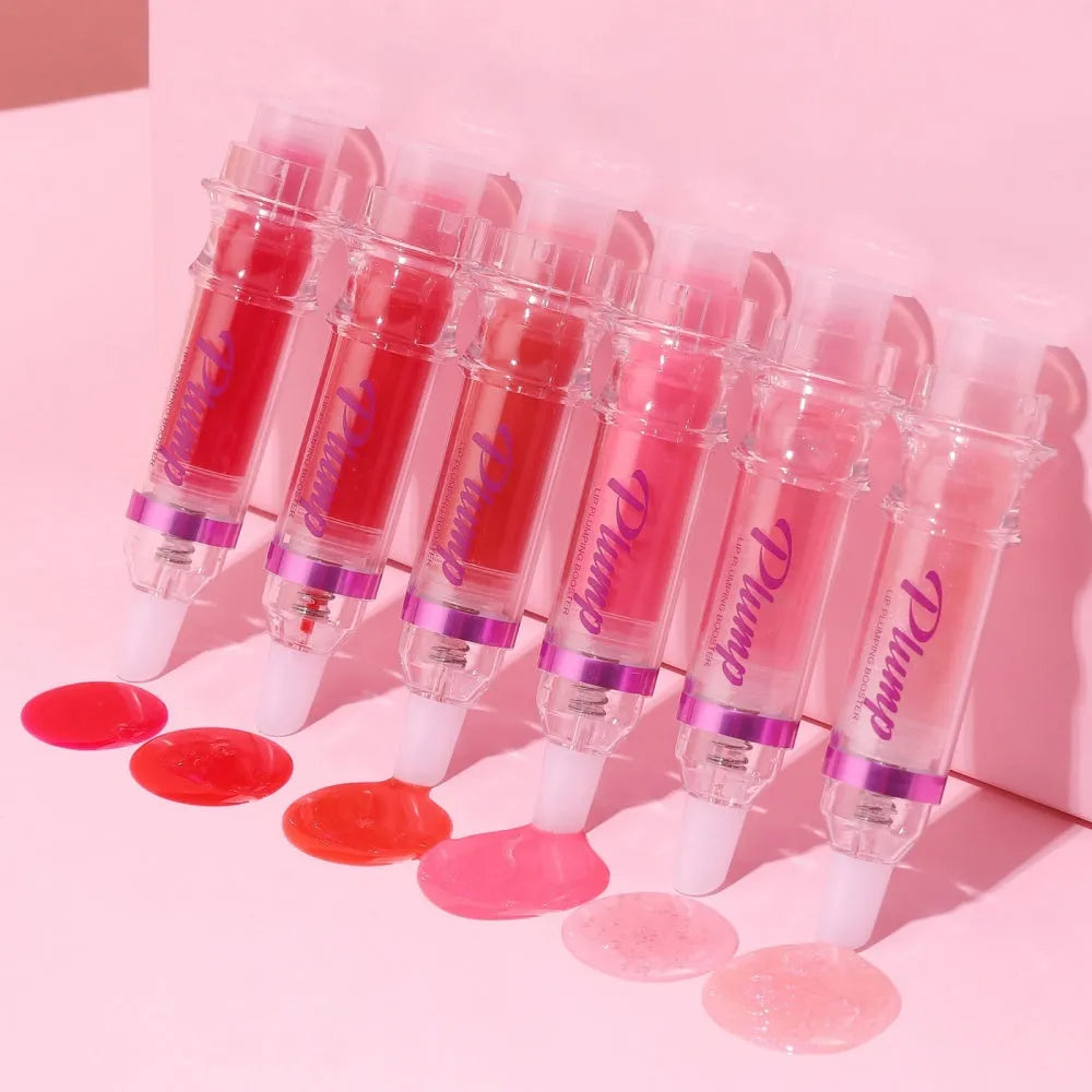 Tube of lip gloss showing shiny finish, available in six different colour shades.