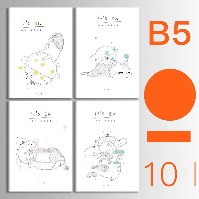 Pack of ten thread-bound A5 and B5 softcover notebooks showing multiple design styles including kraft paper and illustrated covers.