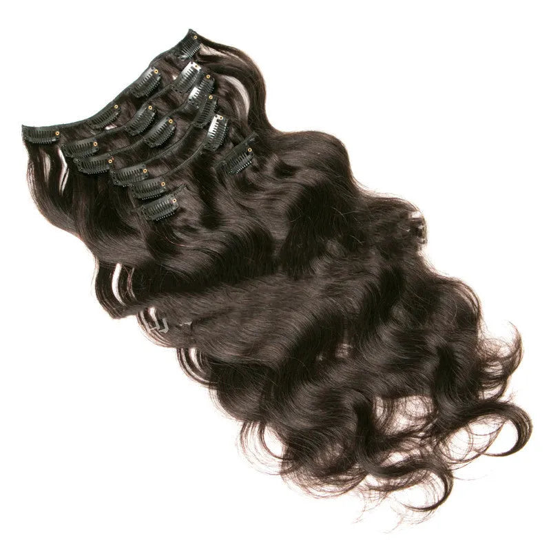 Seven-piece clip-in real hair wig set with lengths from 16 to 24 inches in natural shades