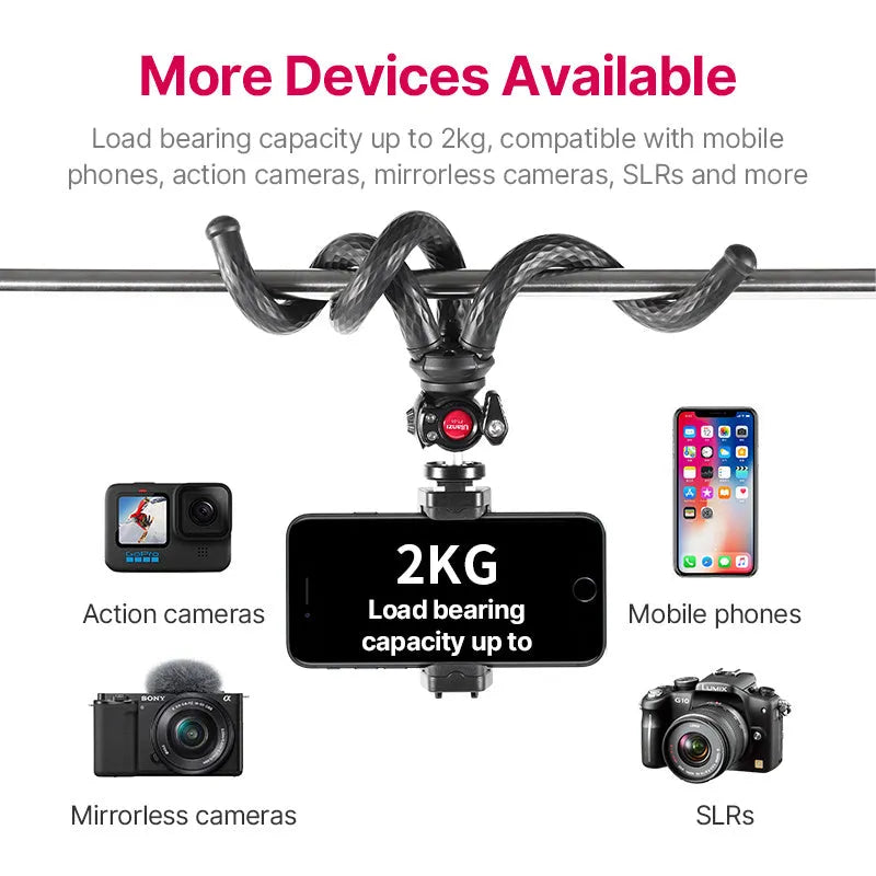 Black octopus-style flexible tripod with phone clip, extended to 360mm.