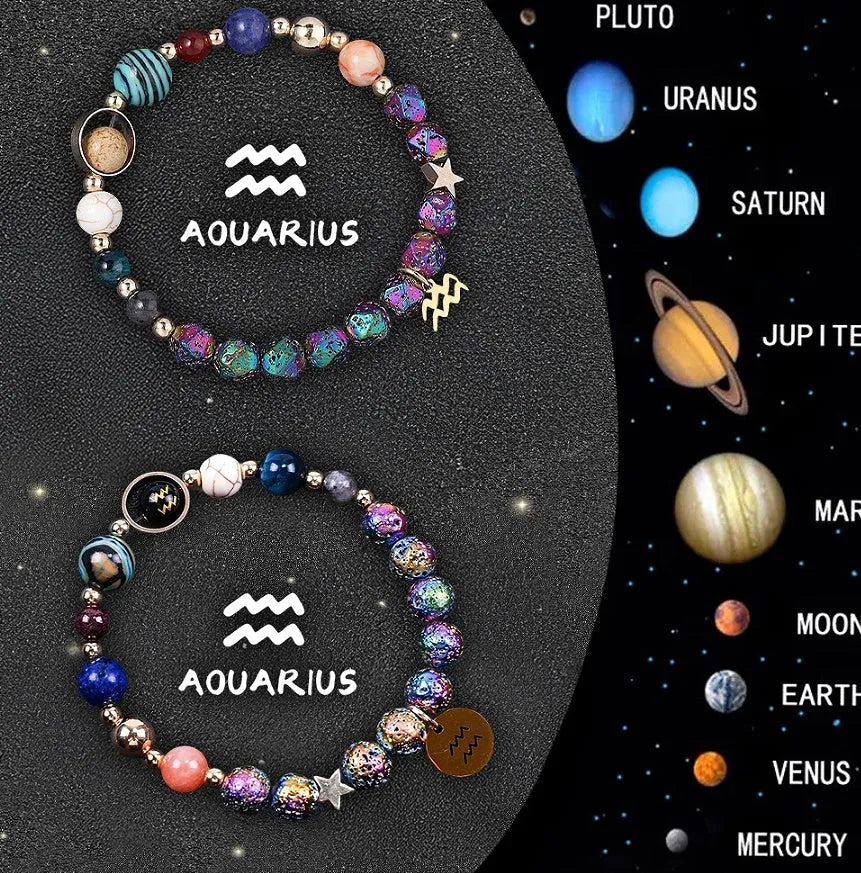 Natural stone beaded bracelet showing an adjustable strap with a zodiac charm, available in twelve astrological sign styles.