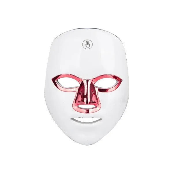 Rechargeable manual touch LED beauty mask in black, white, or rose gold accents on a white background