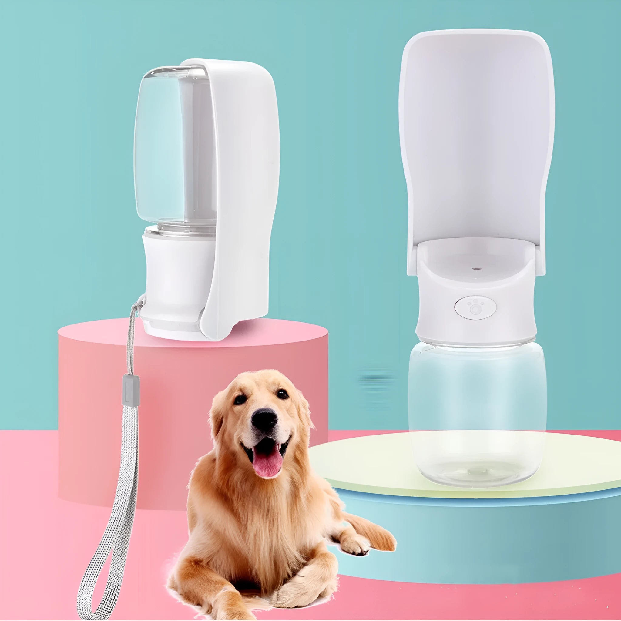Foldable plastic dog water bottle dispenser in blue, pink, or white with 350ml or 550ml capacity