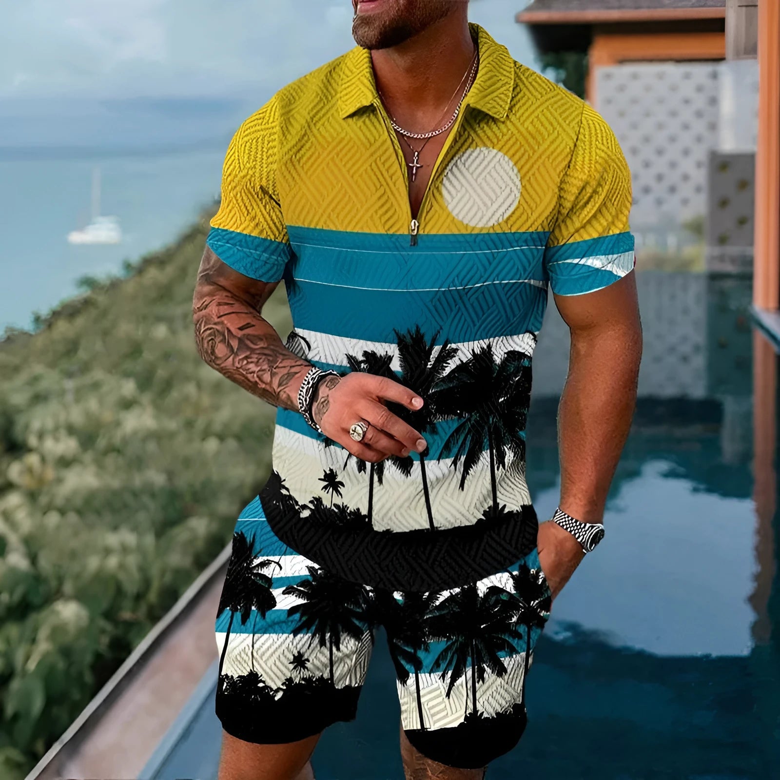 Men's summer mesh tracksuit set with short sleeve zip-up jacket and matching shorts in multiple colours