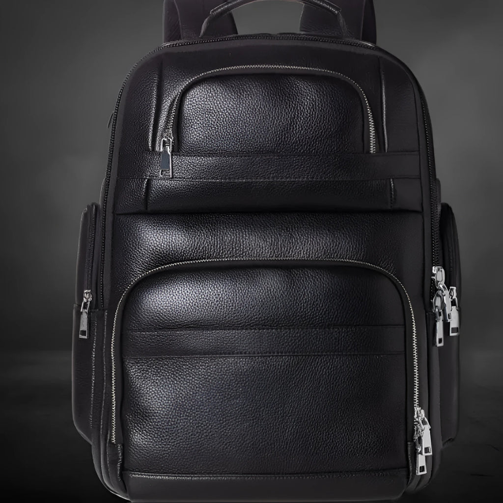 Black genuine leather men's travel backpack with first layer cowhide and nylon lining