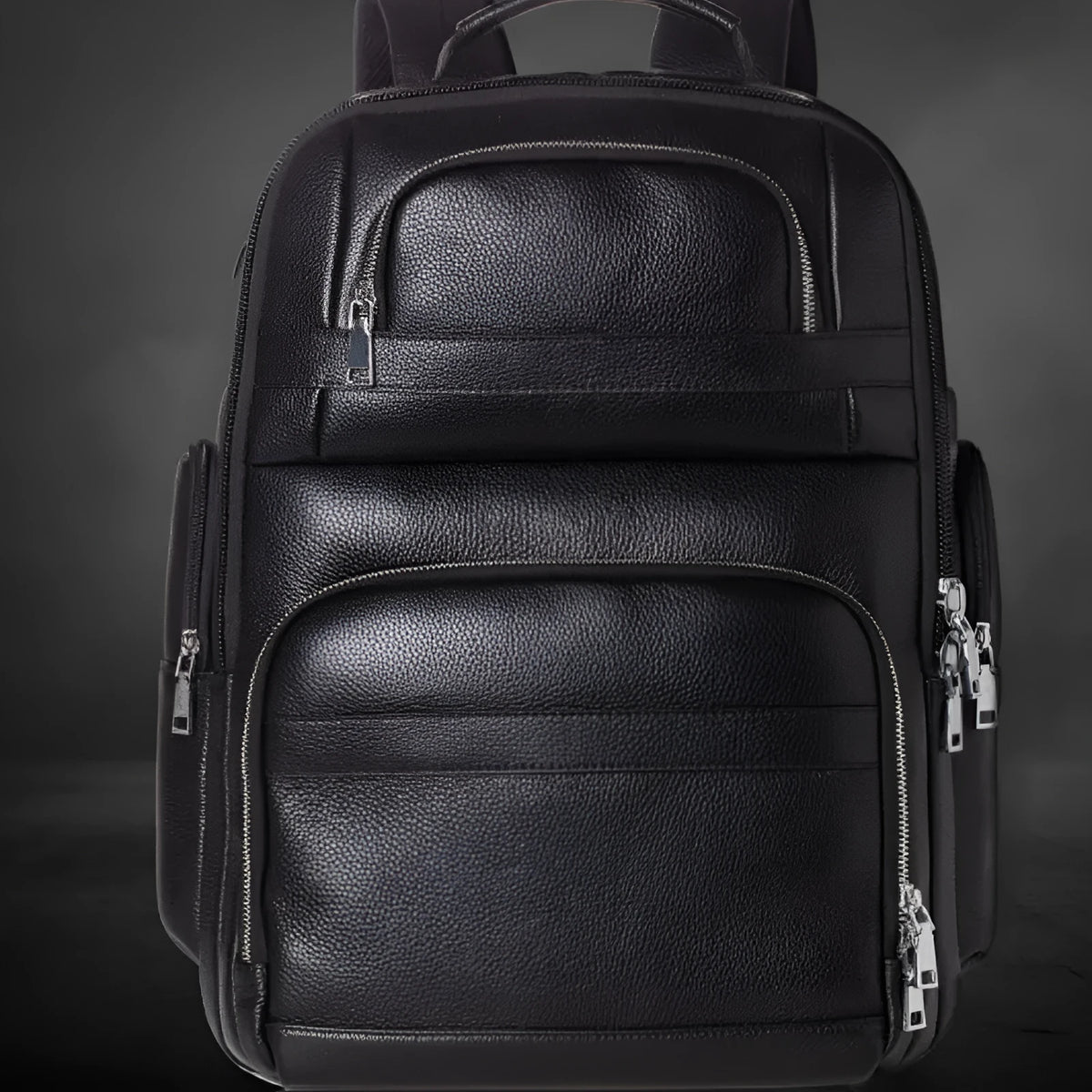 Black genuine leather men's travel backpack with first layer cowhide and nylon lining