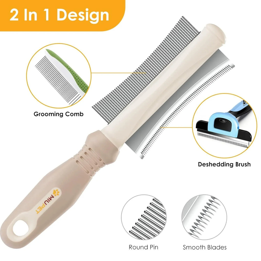 White double-sided dog and cat grooming brush showing curved comb and deshedding blade heads.