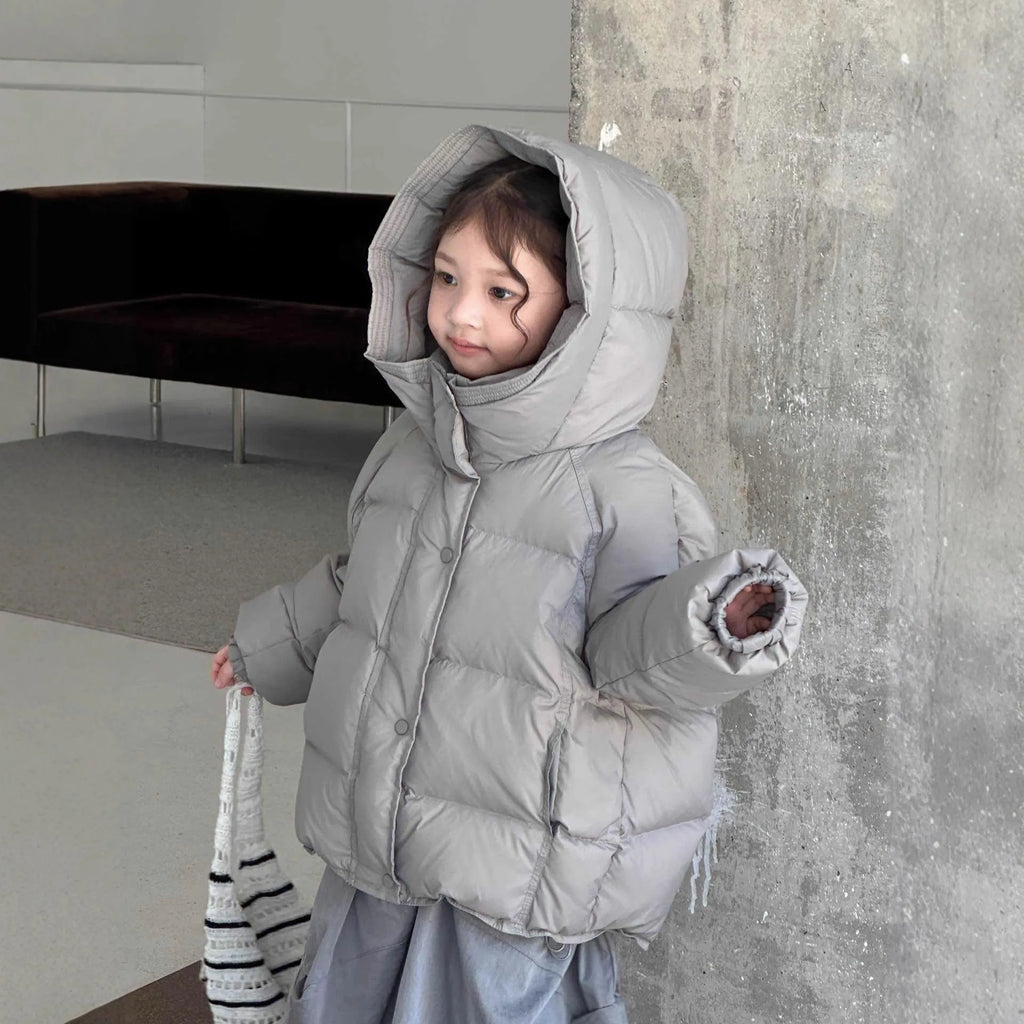 Girl's thickened down jacket with 90% white duck down in yellow, pink, black, gray, or red, sizes 110cm to 160cm