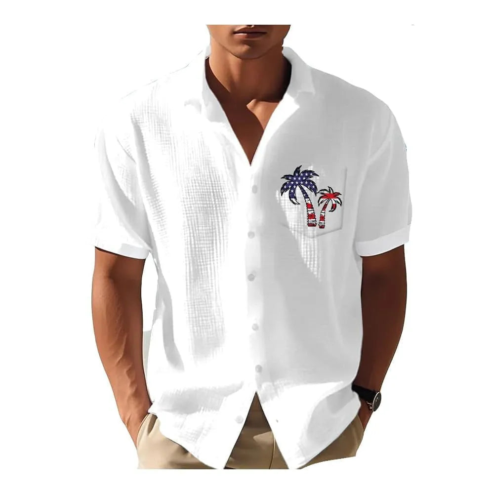 Men's loose-fit digital print Hawaiian shirt in polyester on a hanger.