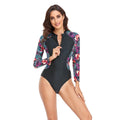 Women's one-piece swimsuit with short sleeves and front zipper in purple floral pattern, polyester fabric