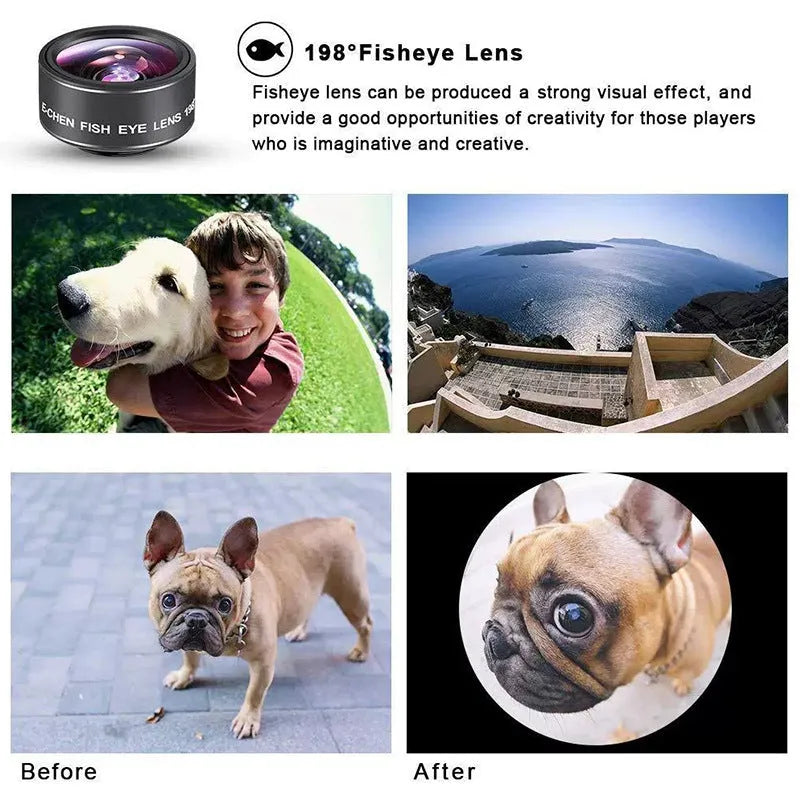 Ten-in-one external camera lens kit with fisheye, wide-angle, and macro lenses on smartphone