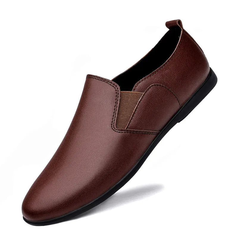 Men's black leather business casual shoes with round toe and breathable design