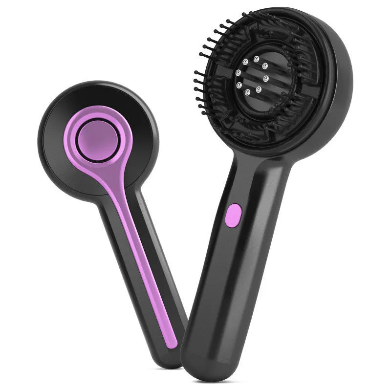 USB-powered anti-leak head massager comb in grey, showing the vibration head and mechanical speed control switch.