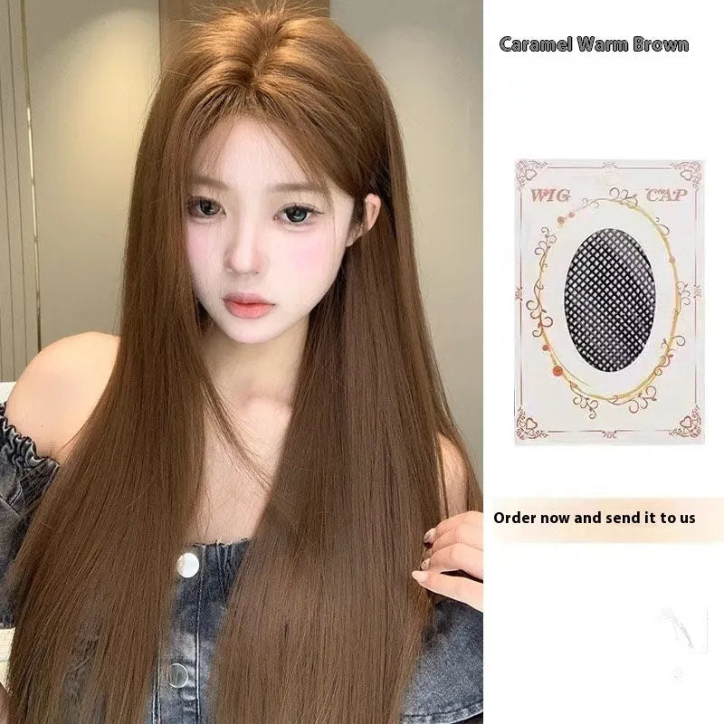 Warm brown long straight wig with centre-parted bangs and forehead lace construction