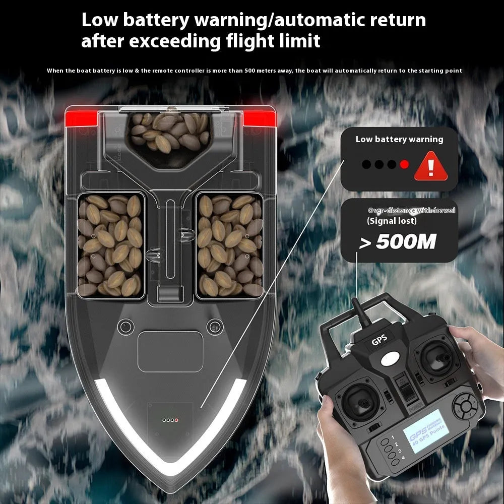 Black and luminous yellow remote control GPS fishing boat with LED light on calm water.