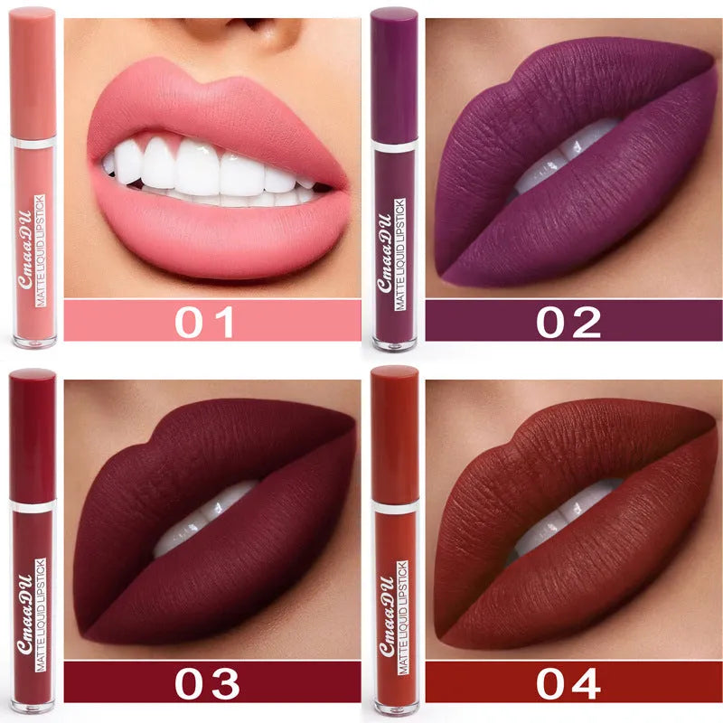 10-pack women's matte lipstick set in waterproof non-stick formula with packaging showing dimensions